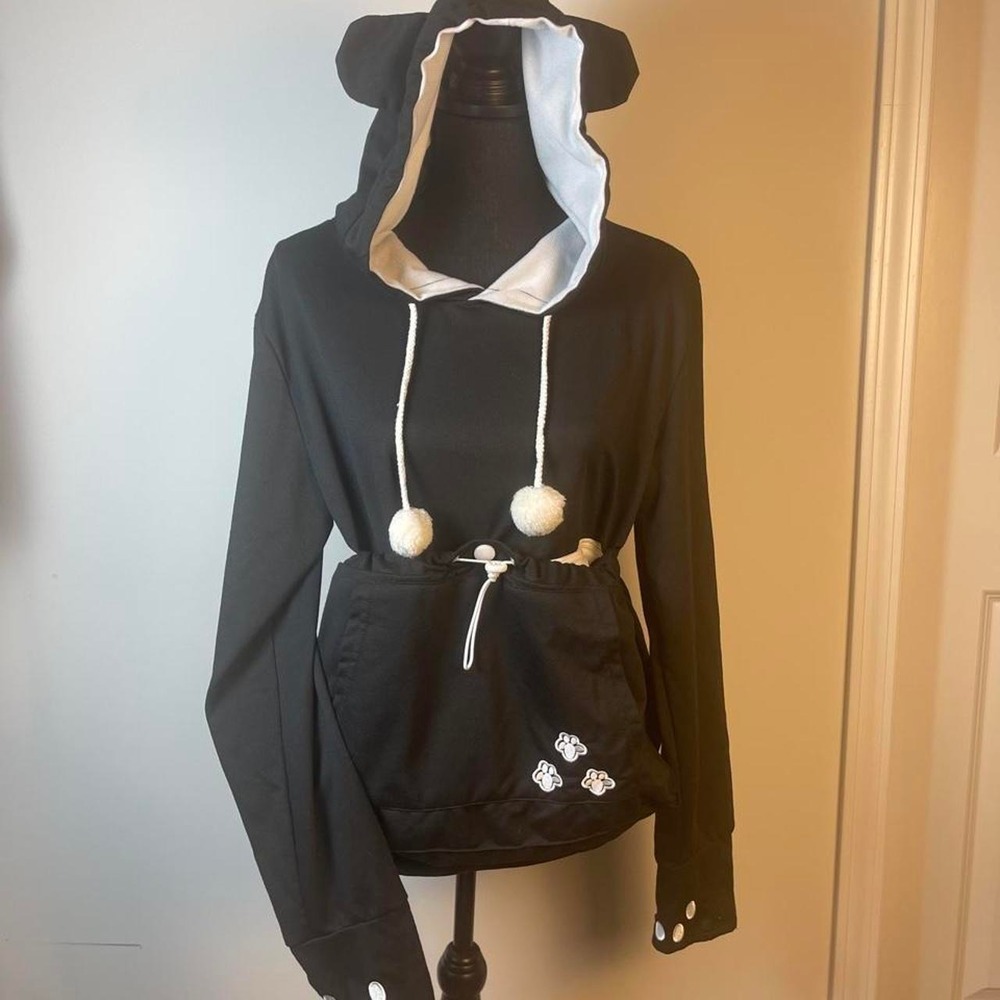 Black & white cat hoodie with white paw print details. Large. Pet snuggler.